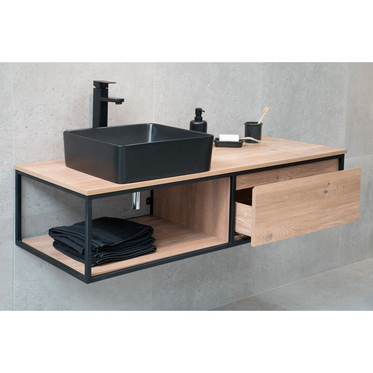 Badezimmermöbel ohne Waschbecken, MDF, Metallrahmen, 120 x 50 cm, Schublade mit Soft-Close, Eiche