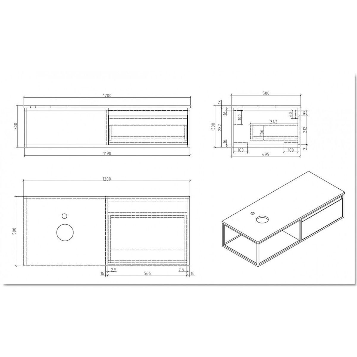 Badezimmermöbel ohne Waschbecken, MDF, Metallrahmen, 120 x 50 cm, Schublade mit Soft-Close, Eiche