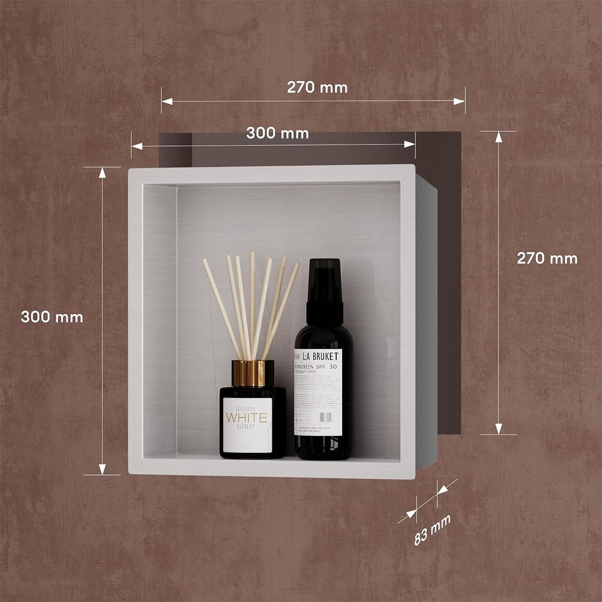 Dusnische, eingebauter Regal im Wand, Stahl, 30x30 oder 60x30, Chrom, Flux
