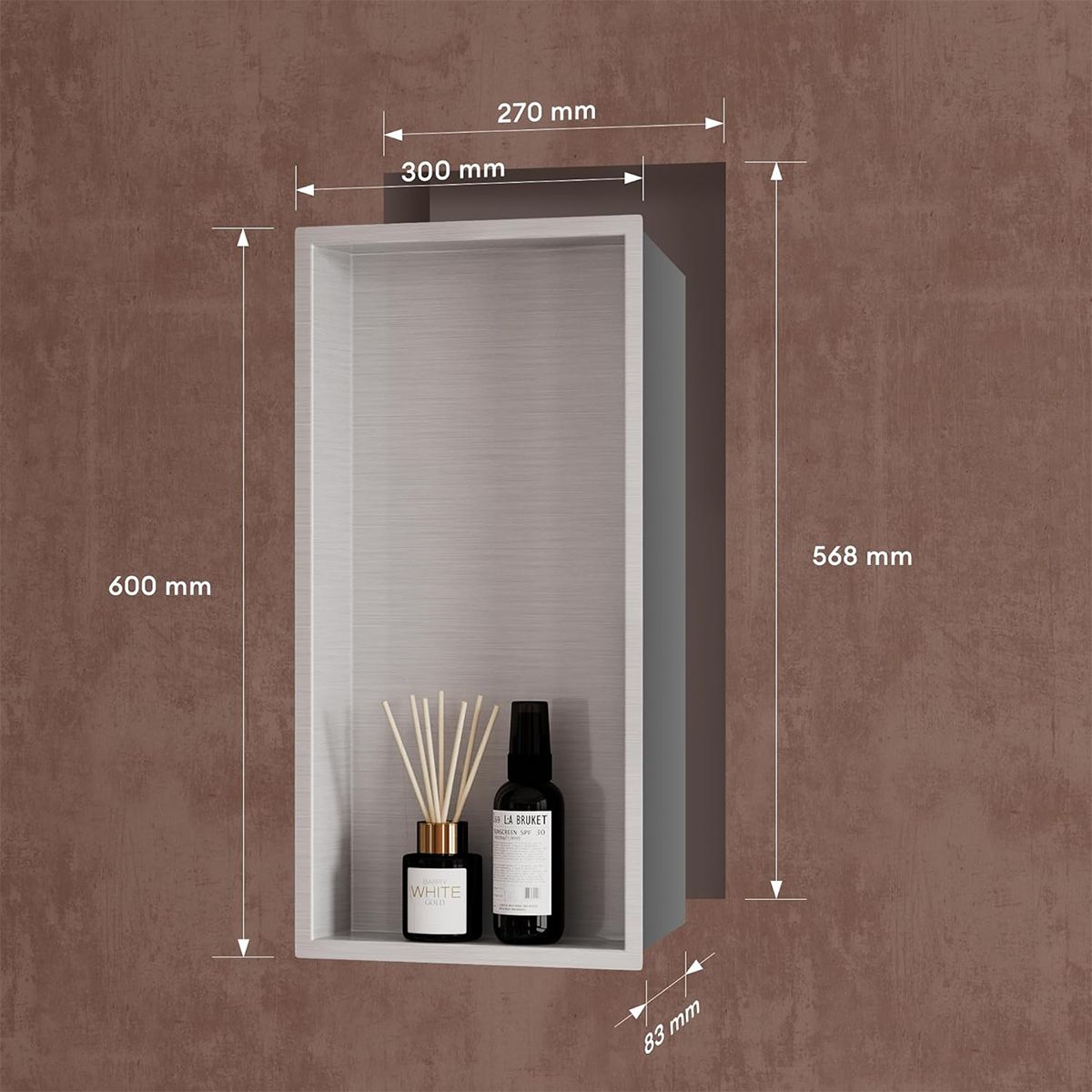Dusnische, eingebauter Regal im Wand, Stahl, 30x30 oder 60x30, Chrom, Flux
