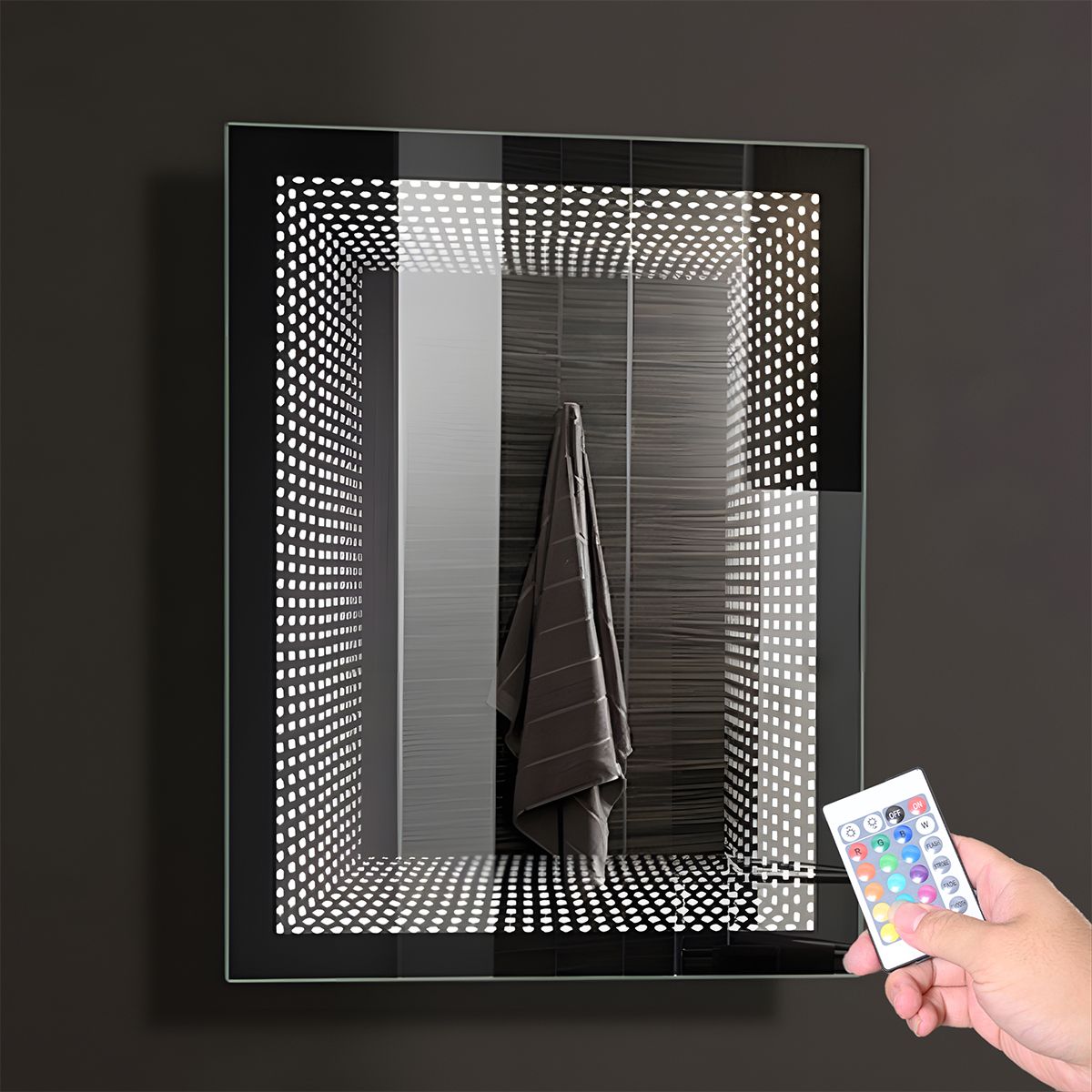 3D-Spiegel mit RGB-LED und Fernbedienung, 5 mm Glas, Maße 70 x 90 cm, Infinity