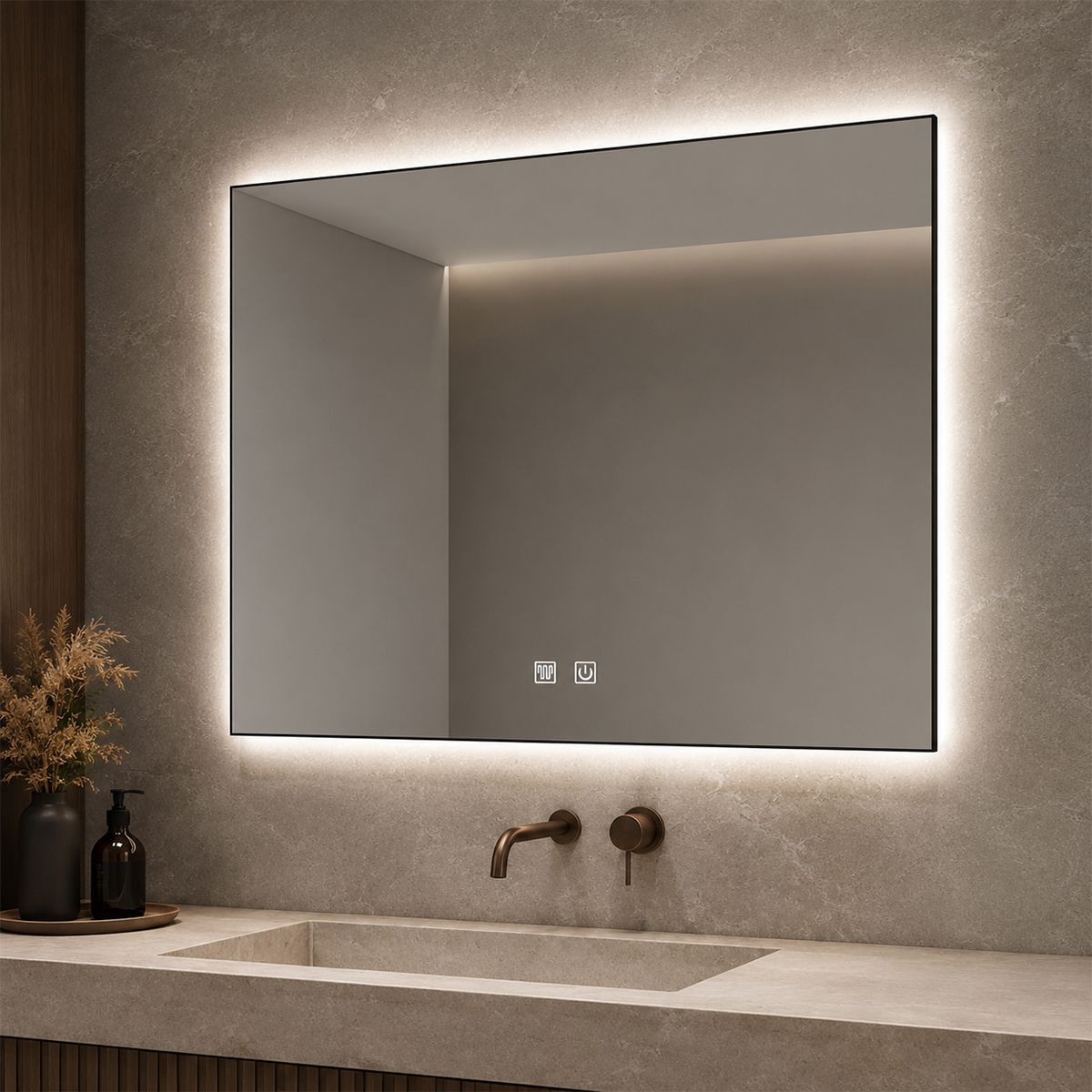 LED-Spiegel, schwarzer Rahmen, Anti-Beschlag, Touch-Taste, 3 Lichtfarben, Einstellbare Helligkeit, 60-70x80-150 cm, Feliz