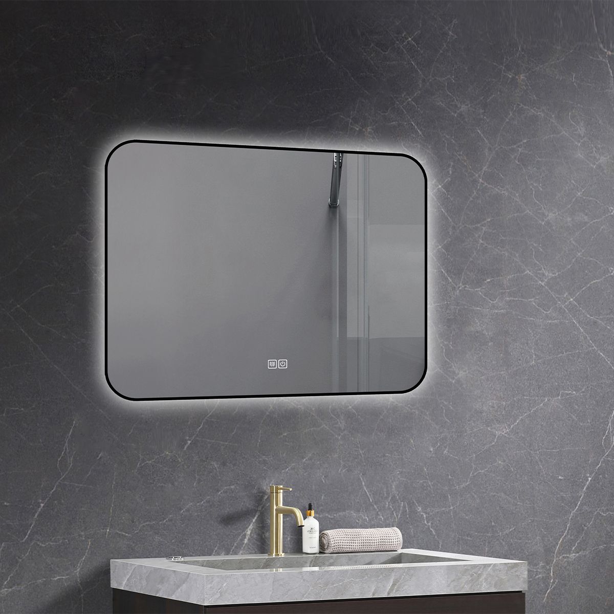 LED-Spiegel, schwarzer Rahmen, Anti-Beschlag, Touch-Taste, 3 Lichtfarben, Einstellbare Helligkeit, 60-70x80-150 cm, Feliz