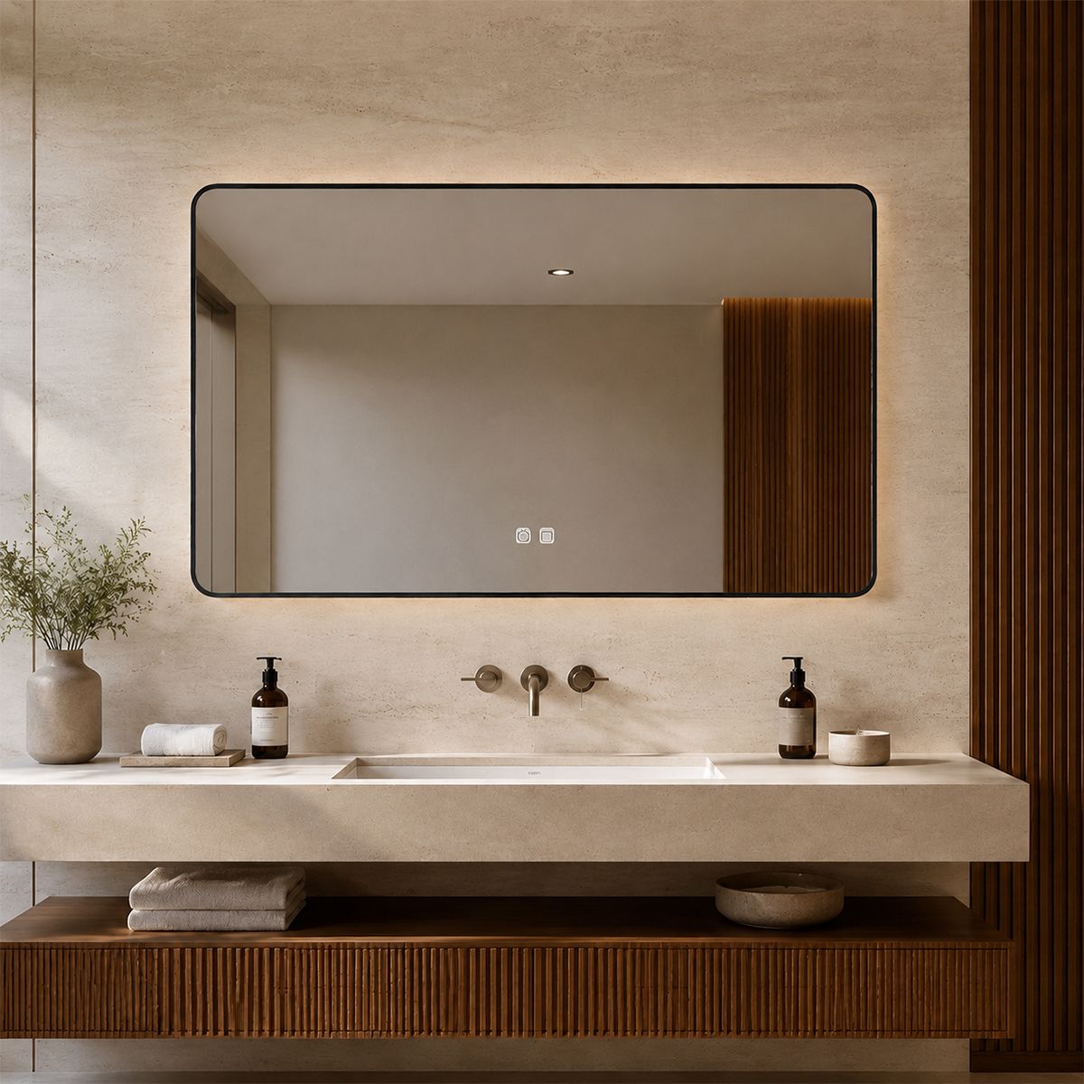 LED-Spiegel, schwarzer Rahmen, Anti-Beschlag, Touch-Taste, 3 Lichtfarben, Einstellbare Helligkeit, 60-70x80-150 cm, Feliz