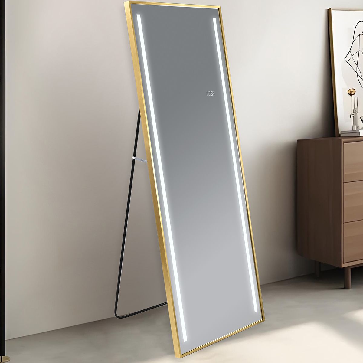 LED-Spiegel, Boden- oder Wandmontage, goldener Rahmen, Touch-Bedienung, 3 Lichtfarben, Anti-Beschlag, 5 mm, 60x165 cm, Mirage