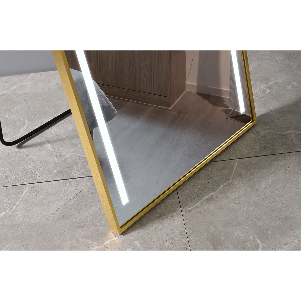LED-Spiegel, Boden- oder Wandmontage, goldener Rahmen, Touch-Bedienung, 3 Lichtfarben, Anti-Beschlag, 5 mm, 60x165 cm, Mirage
