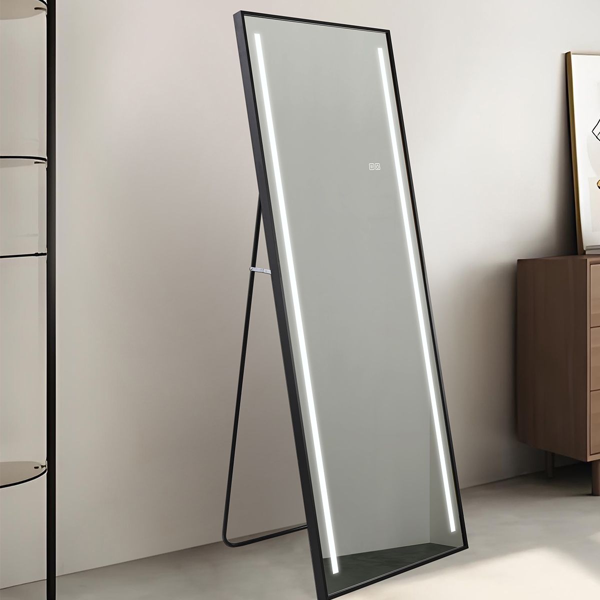 LED-Spiegel, Boden- oder Wandmontage, schwarzer Rahmen, Touch-Bedienung, 3 Lichtfarben, Anti-Beschlag, 5 mm, 60x165 cm, Mirage