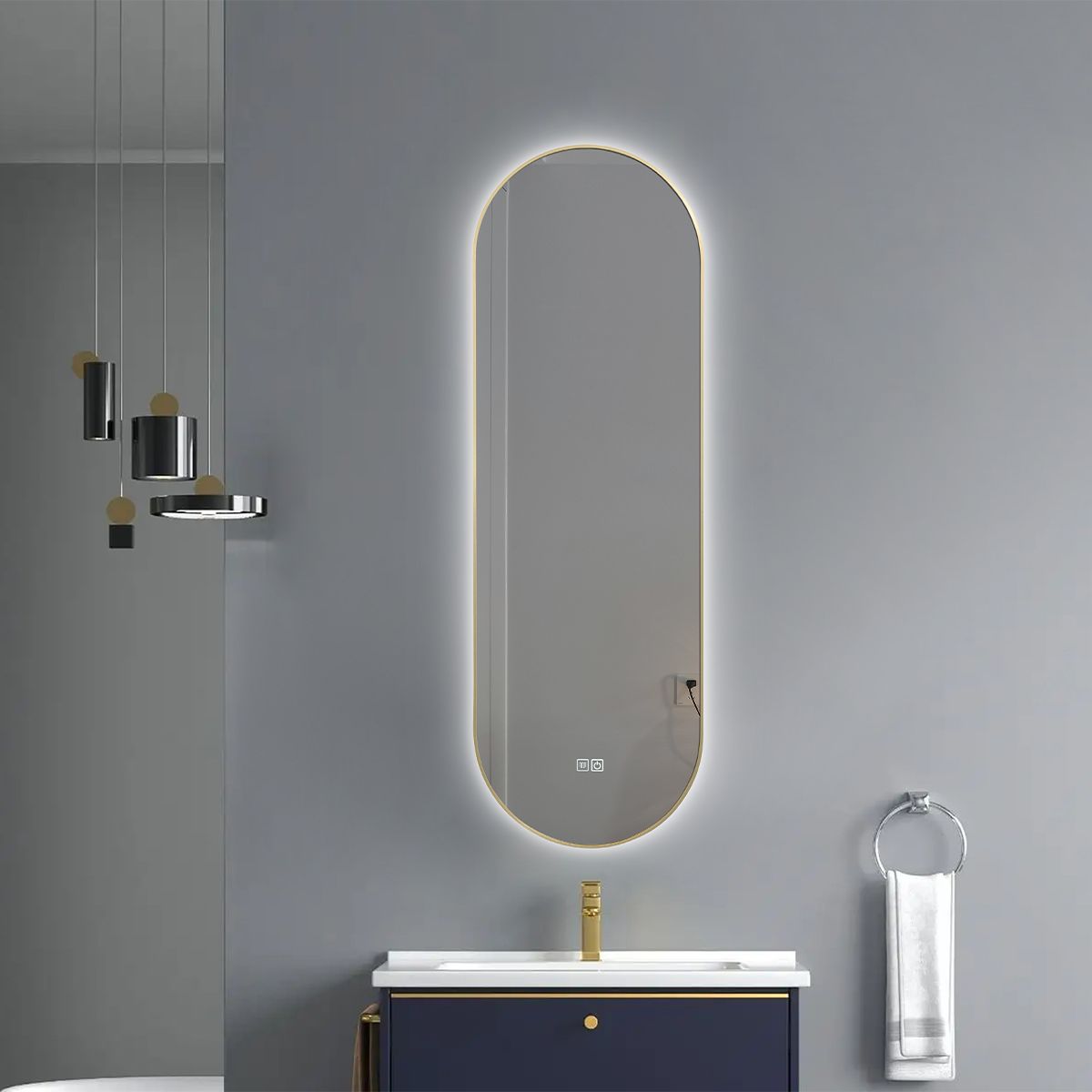 LED-Spiegel, Anti-Beschlag, 3 Lichtfarben, Touch, 5 mm, ultra-schlanker goldener Rahmen, Maße 50x100-40x120 cm, Victoria