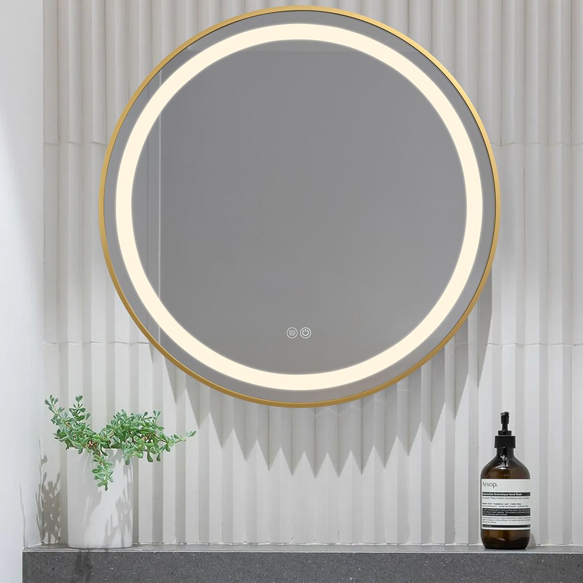 LED-Spiegel, Anti-Beschlag, Touch-Steuerung, goldener Rahmen, 5 mm Glas, 3 Lichtfarben, dimmbar, 80-90 cm, Cezara