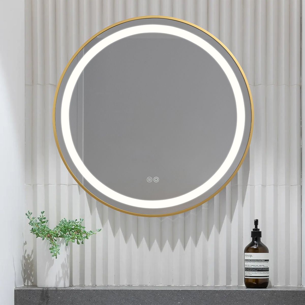 LED-Spiegel, Anti-Beschlag, Touch-Steuerung, goldener Rahmen, 5 mm Glas, 3 Lichtfarben, dimmbar, 80-90 cm, Cezara