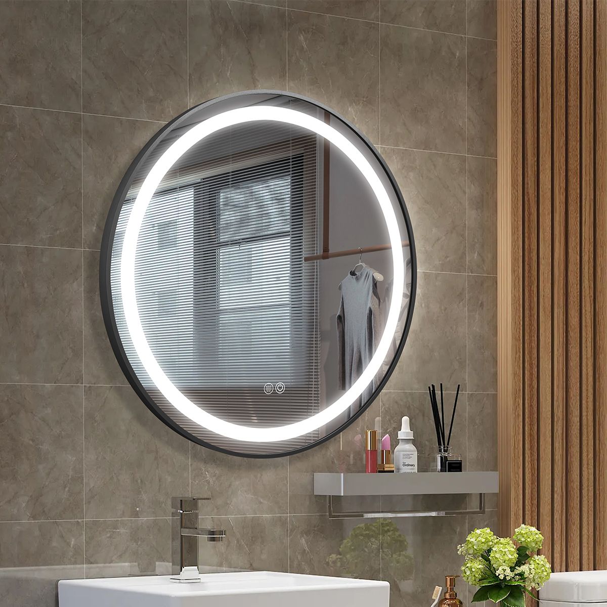 LED-Spiegel, Anti-Beschlag, Touch-Steuerung, schwarzer Rahmen, 5 mm Glas, 3 Lichtfarben, dimmbar, 80-90 cm, Cezara