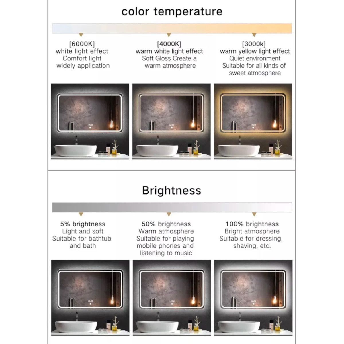 LED-Spiegel, Anti-Beschlag, Touch-Steuerung, schwarzer Rahmen, 5 mm Glas, 3 Lichtfarben, dimmbar, 80-90 cm, Cezara