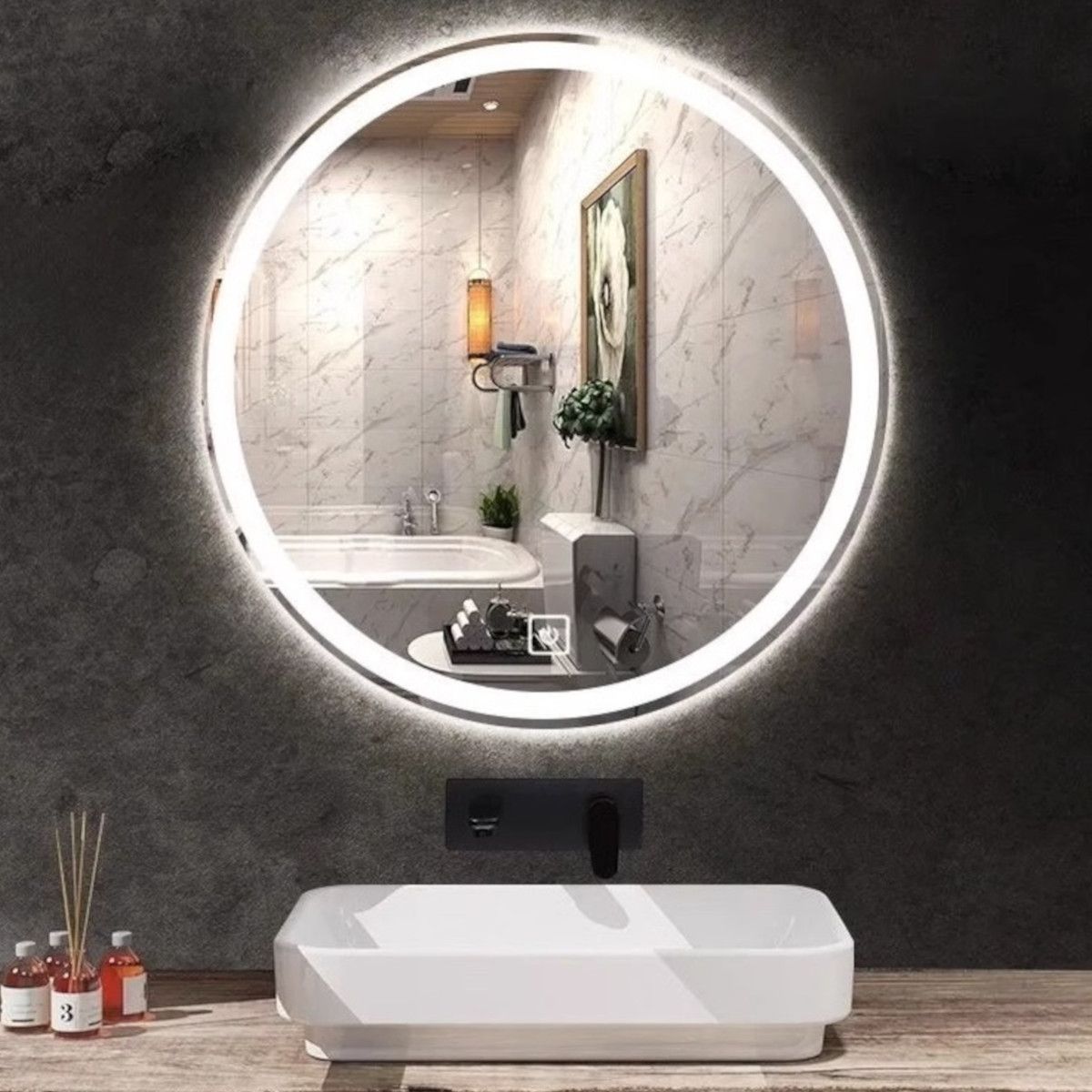 LED-Spiegel, Anti-Beschlag und Touch-Taste, 3 Lichtfarben, Einstellbare Helligkeit, Größen 70, 80, 90 cm, Cezara