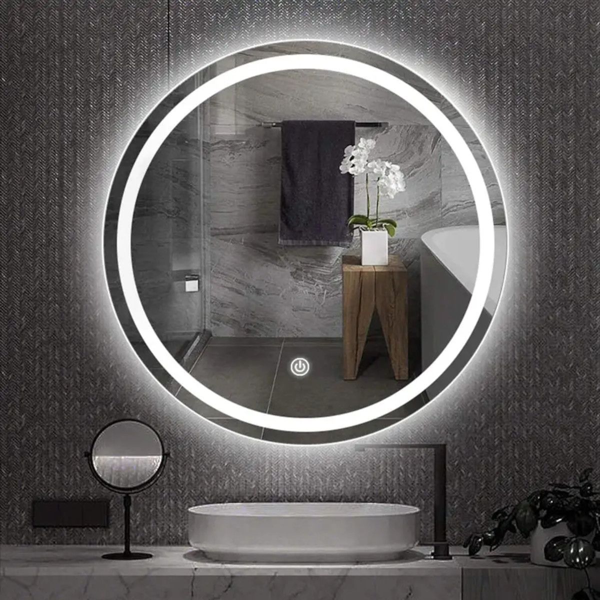 LED-Spiegel, Anti-Beschlag und Touch-Taste, 3 Lichtfarben, Einstellbare Helligkeit, Größen 70, 80, 90 cm, Cezara