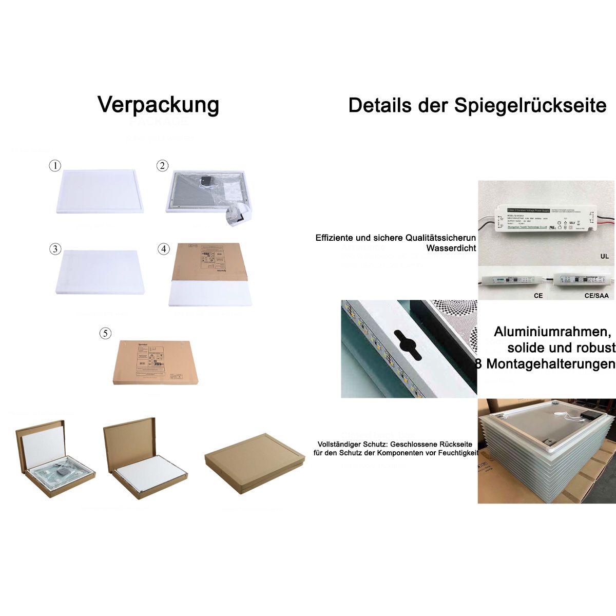 LED-Spiegel, Anti-Beschlag und Touch-Taste, 5mm Glas, 3 Lichtfarben, Einstellbare Helligkeit, Maße 60-75 x 80-100 cm, Gloria
