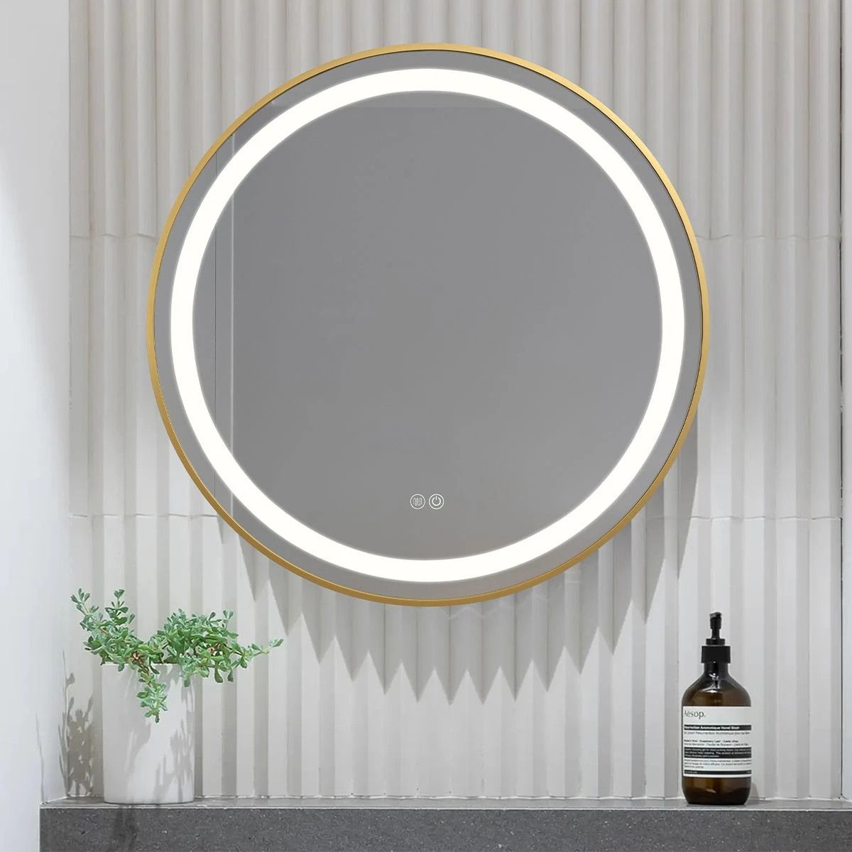 LED-Spiegel, B-Ware, Anti-Beschlag-Funktion, Touch-Steuerung, goldener Rahmen, 5 mm Glas, 3 Lichtfarben, dimmbar, Maße 80 cm, Cezara