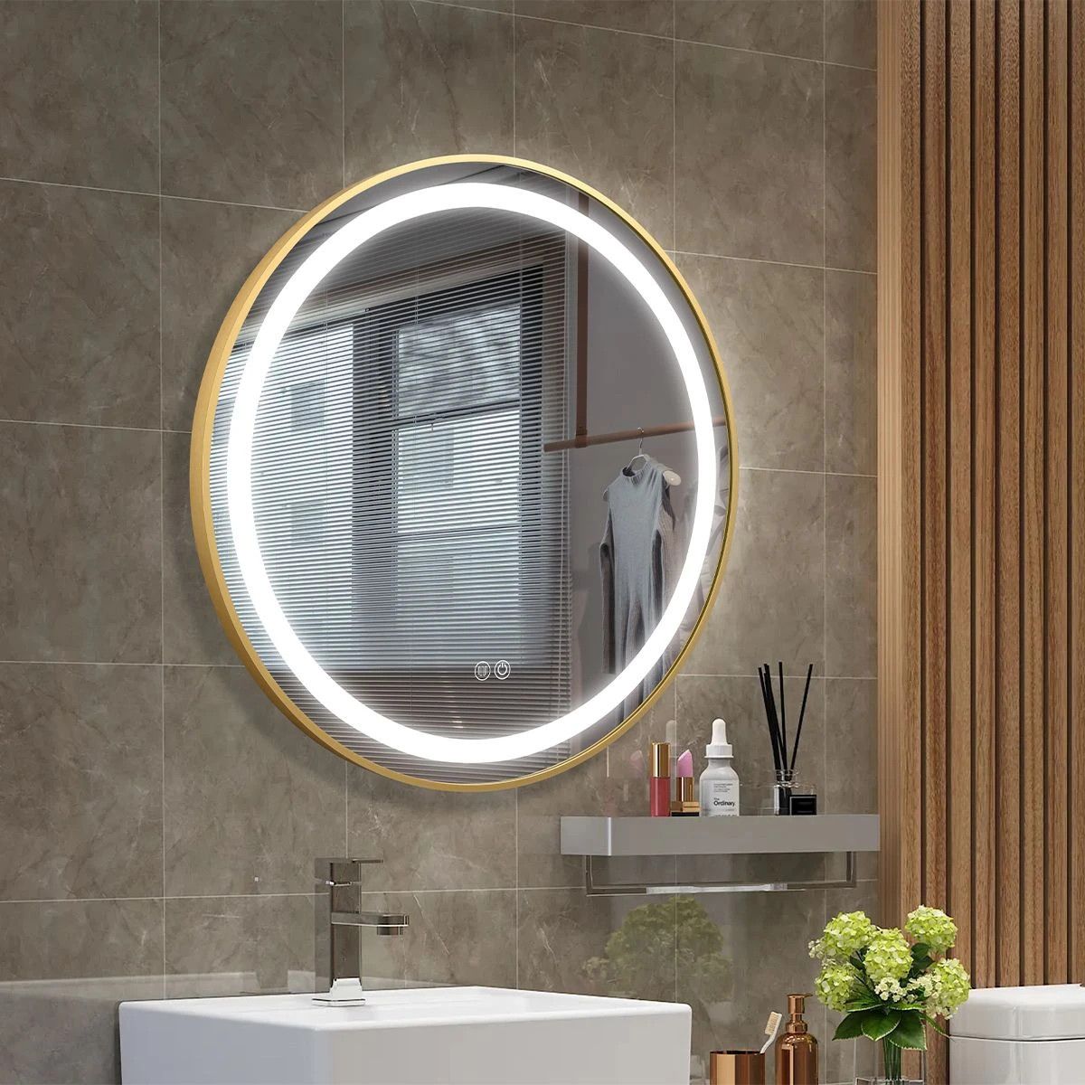 LED-Spiegel, B-Ware, Anti-Beschlag-Funktion, Touch-Steuerung, goldener Rahmen, 5 mm Glas, 3 Lichtfarben, dimmbar, Maße 80 cm, Cezara