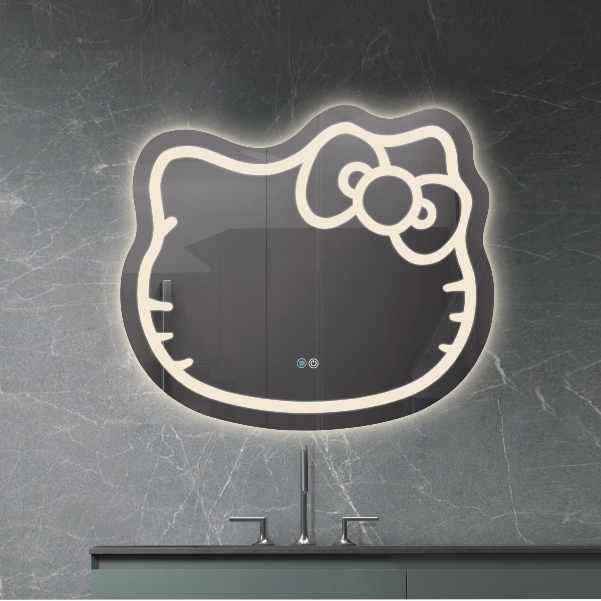 LED-Spiegel, 5 mm Glas, Anti-Beschlag, Touch-Taste, 3 Lichtfarben, Einstellbare Helligkeit, Maße 80x70 cm, Hello Kitty