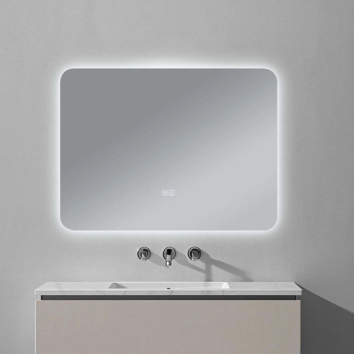 LED-Badezimmerspiegel, B-Ware, Anti-Beschlag-Funktion und Touch-Schalter, 5 mm, Maße: 90x70 cm, 3 einstellbare Lichtfarben, Louie