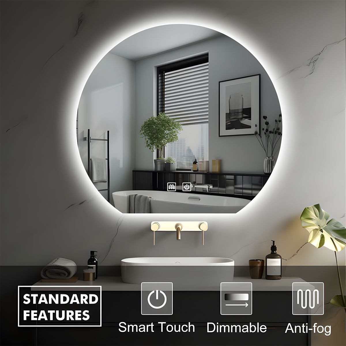 Smart LED-Spiegel, 5 mm, Anti-Beschlag, Touch-Taste, 3 Lichtfarben, Abmessungen: 80, 90, 100 cm, Orbis