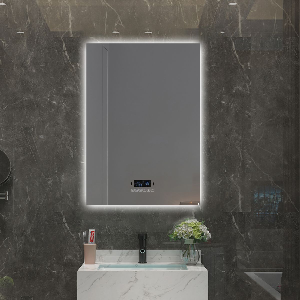 Smart LED-Spiegel, Bluetooth, 3 Lichtfarben, 5 mm, Sensor, Zeit und Temperatur, Anti-Beschlag, Touch, 60-70x80-140 cm, Rubin