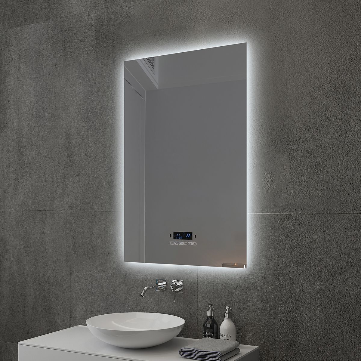 Smart LED-Spiegel, Bluetooth, 3 Lichtfarben, 5 mm, Sensor, Zeit und Temperatur, Anti-Beschlag, Touch, 60-70x80-140 cm, Rubin