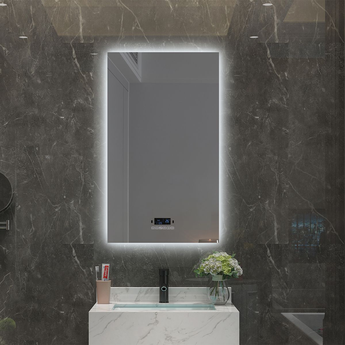 Smart LED-Spiegel, Bluetooth, 3 Lichtfarben, 5 mm, Sensor, Zeit und Temperatur, Anti-Beschlag, Touch, 60-70x80-140 cm, Rubin