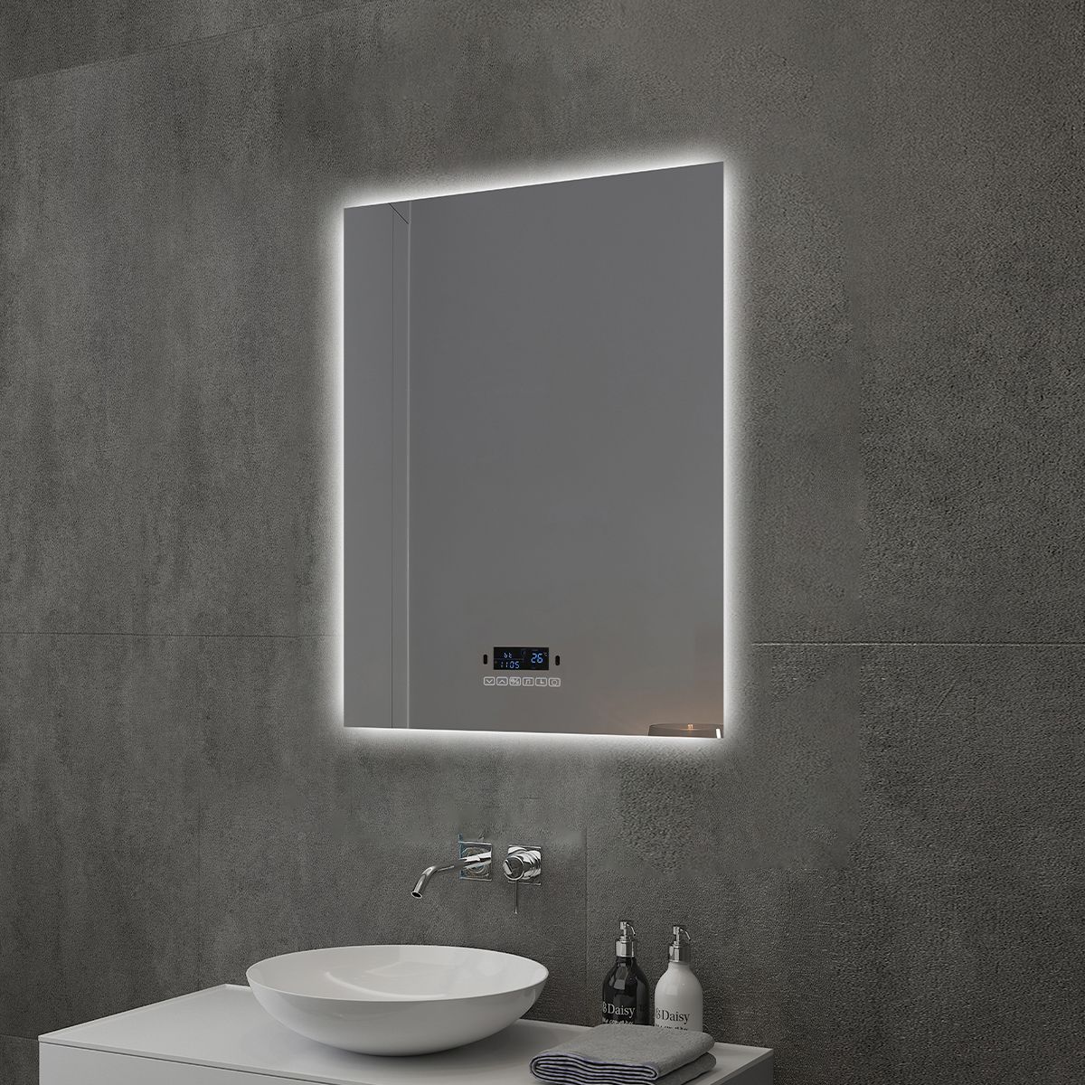 Smart LED-Spiegel, Bluetooth, 3 Lichtfarben, 5 mm, Sensor, Zeit und Temperatur, Anti-Beschlag, Touch, 60-70x80-140 cm, Rubin