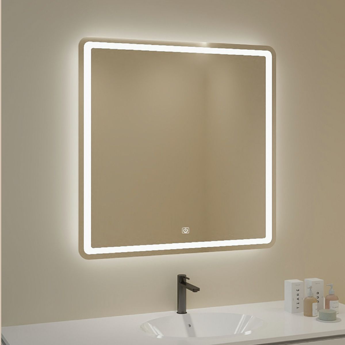 Smart-LED-Spiegel, 5 mm Glas, Anti-Beschlag, Touch-Taste, 3 Lichtfarben, Größe 90x90 cm, Nivo