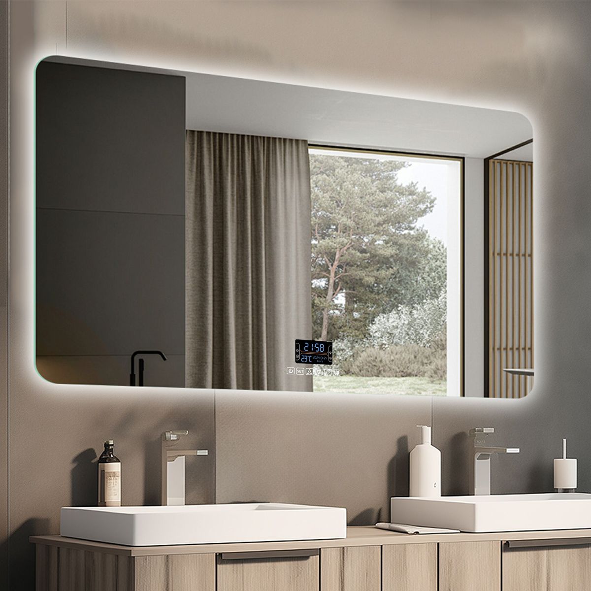 Smart LED-Spiegel, 5 mm Glas, Anti-Beschlag, Touch-Taste, Temperaturanzeige, 3 Lichtfarben, Bluetooth, 70-75-90x120-150 cm, Mira