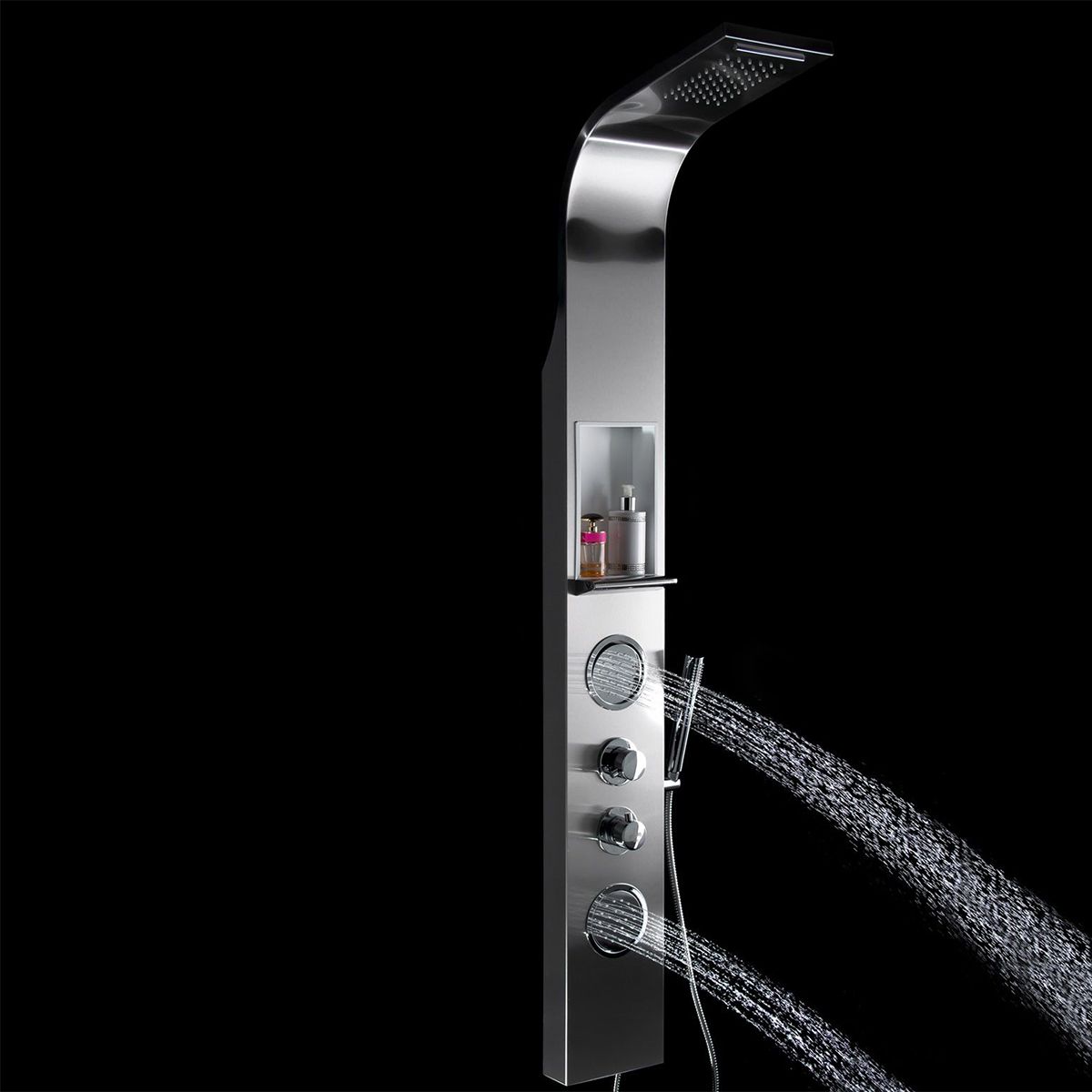 Duschpaneel EGO-423S, integriertes Regal, Edelstahl, Regen-, Wasserfall- und Hydromassagefunktion, Chrom-Finish