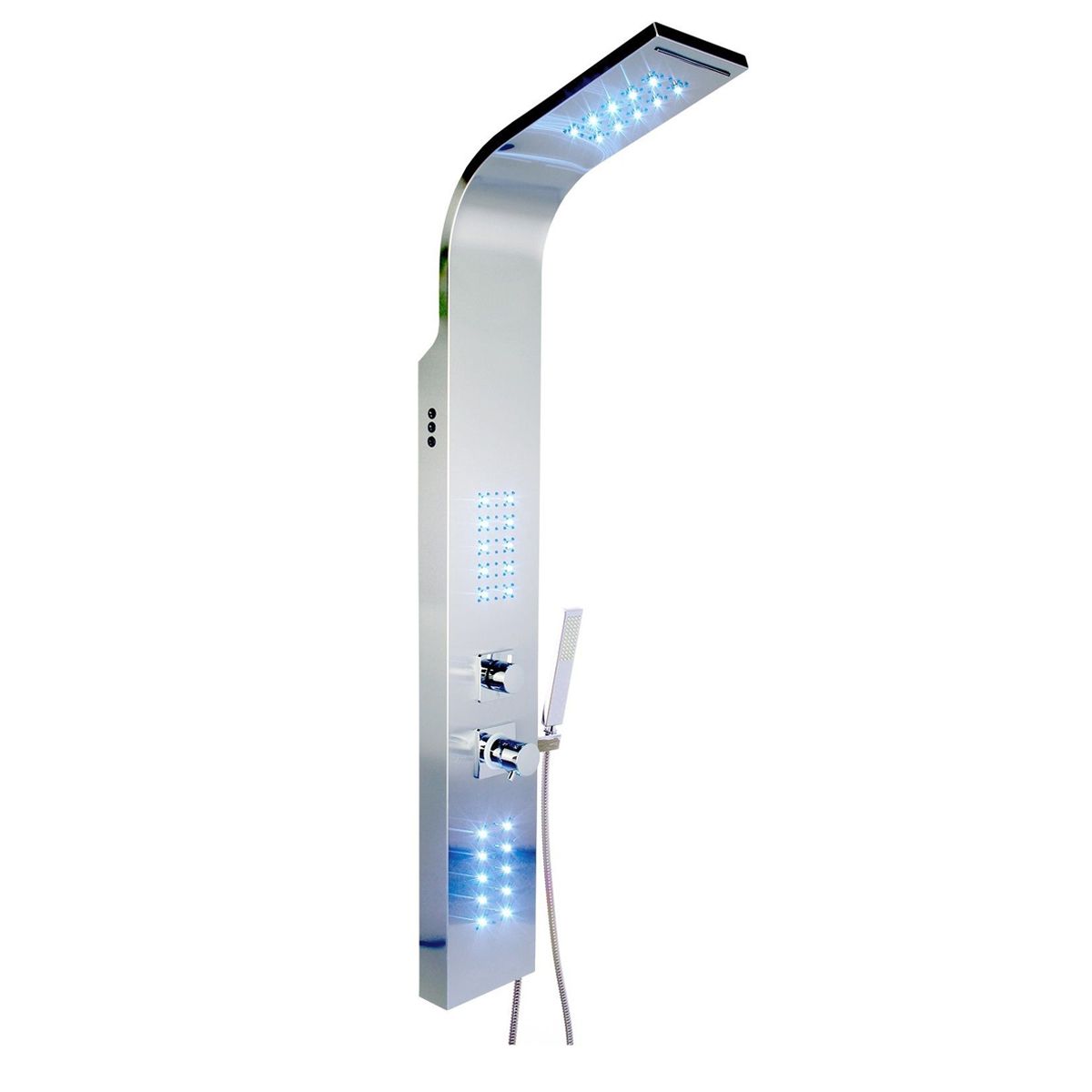Duschpaneel EGO-9304, LED-Beleuchtung, mit oder ohne Thermostat, Edelstahl, Chrom-Finish, Wasserfall, Regendusche und Hydromassage