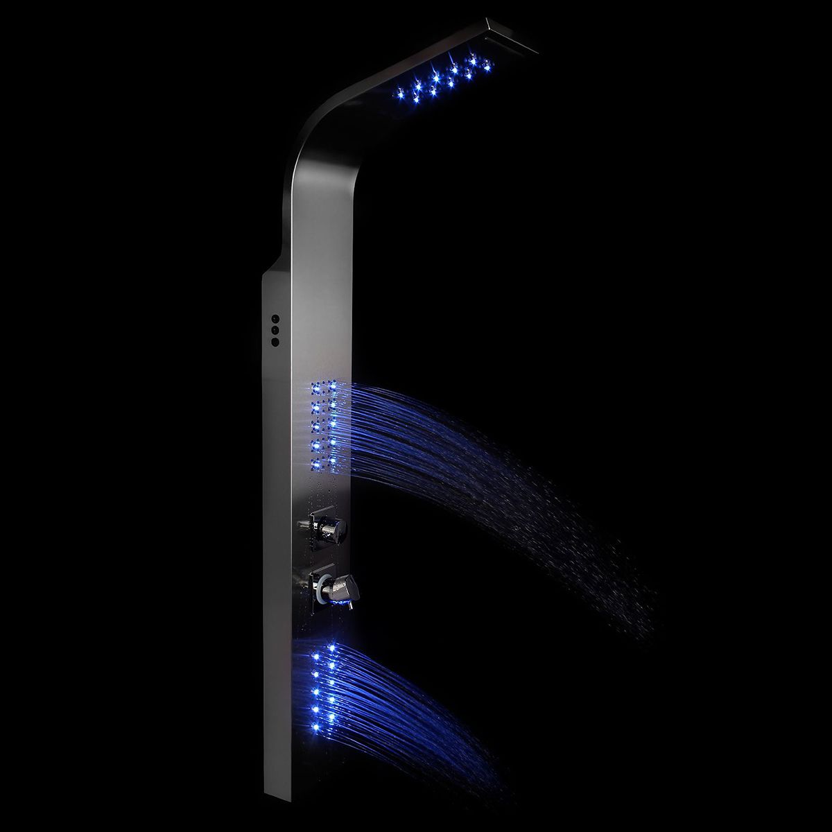 Duschpaneel EGO-9304, LED-Beleuchtung, mit oder ohne Thermostat, Edelstahl, Chrom-Finish, Wasserfall, Regendusche und Hydromassage