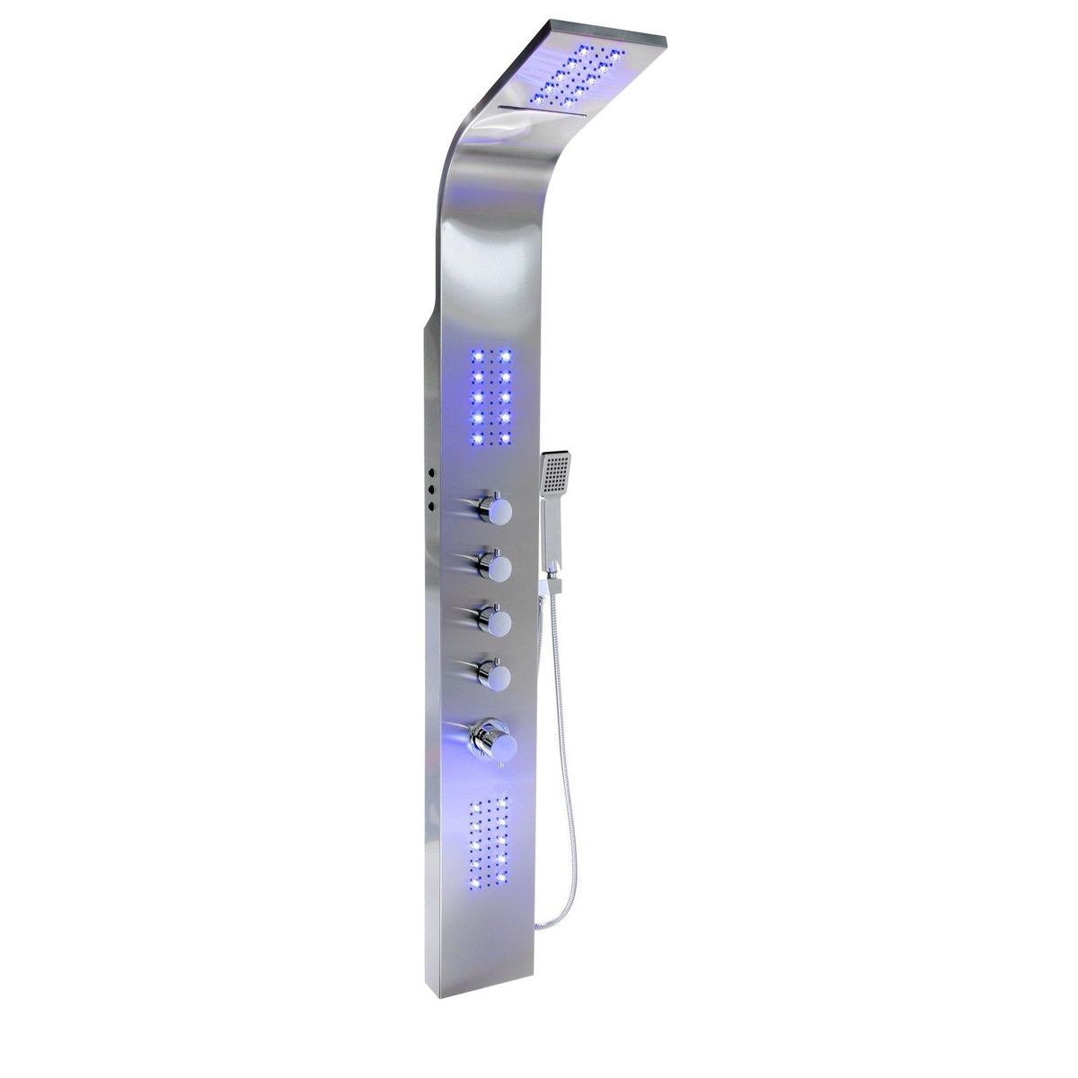 Duschpaneel EGO-9997, LED-Beleuchtung, mit oder ohne Thermostat und RGB, Edelstahl, Chrom-Finish, Wasserfall, Regendusche und Hydromassage