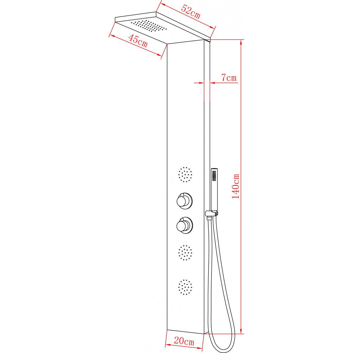 Duschpaneel EGO-Florent, Aluminium, 140 x 20 cm, mit Thermostat, weißes Finish, Hydromassage