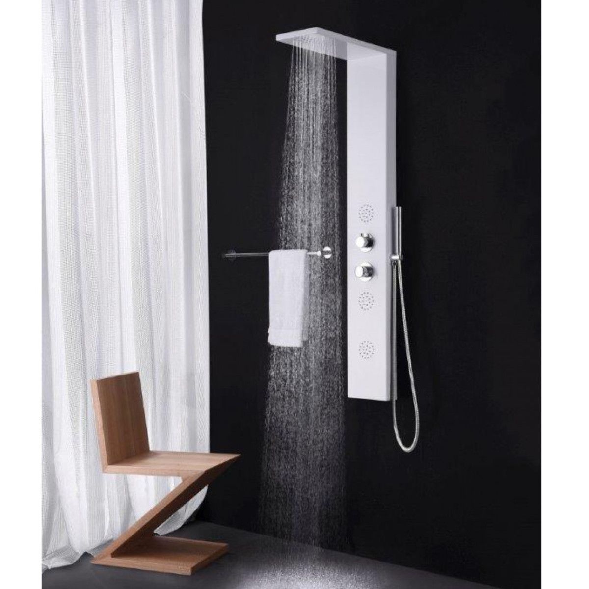 Duschpaneel EGO-Florent, Aluminium, 140 x 20 cm, mit Thermostat, weißes Finish, Hydromassage