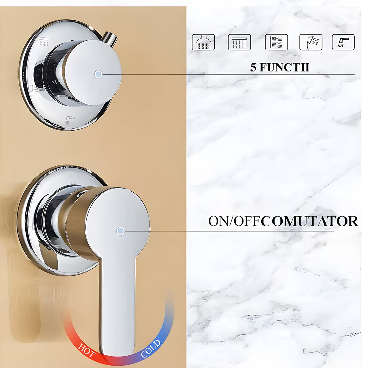 Duschpaneel Aurora, LED-Beleuchtung, 5 Funktionen, Wasserfall, Tropenregen, Handbrause, Edelstahl, Mattgold