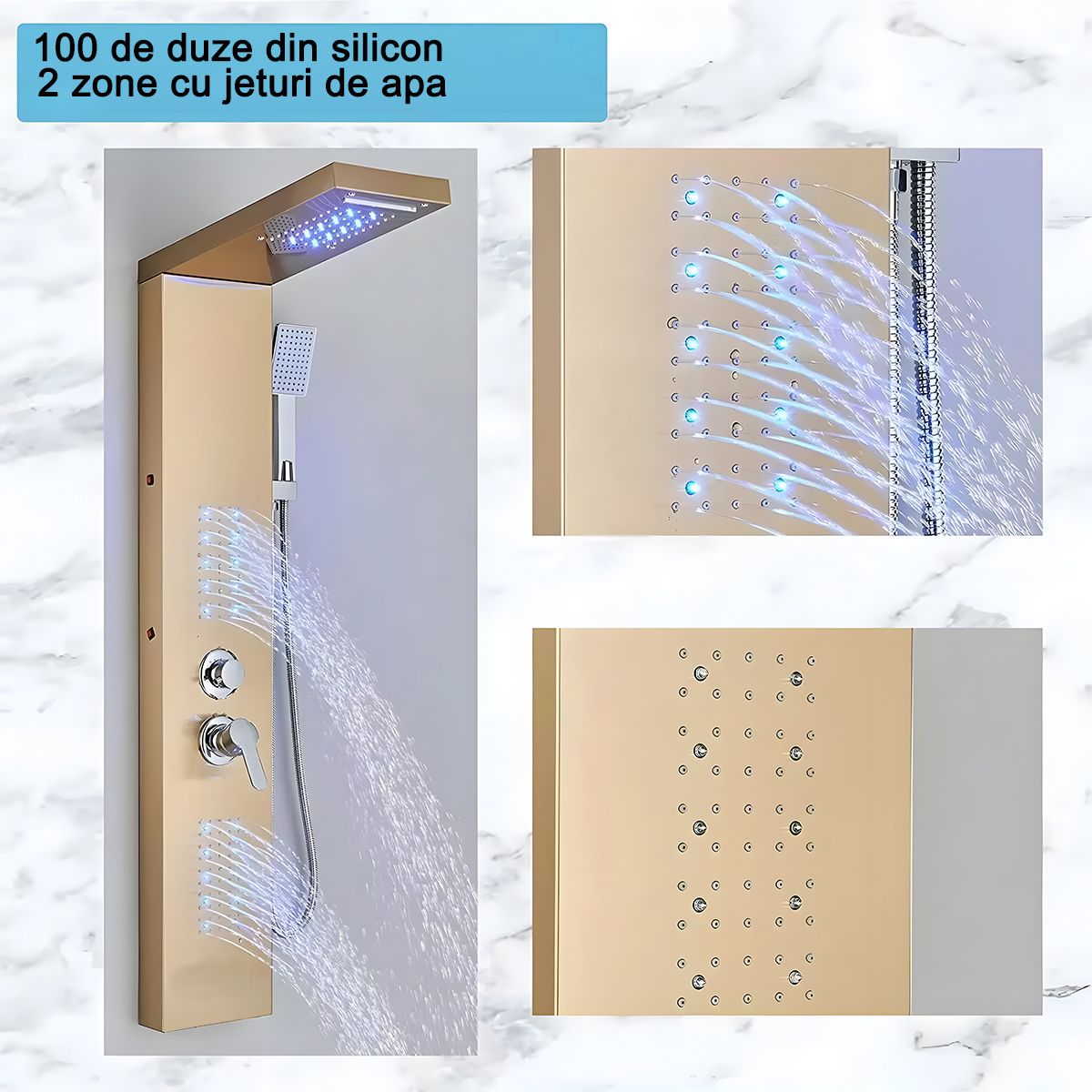 Duschpaneel Aurora, LED-Beleuchtung, 5 Funktionen, Wasserfall, Tropenregen, Handbrause, Edelstahl, Mattgold