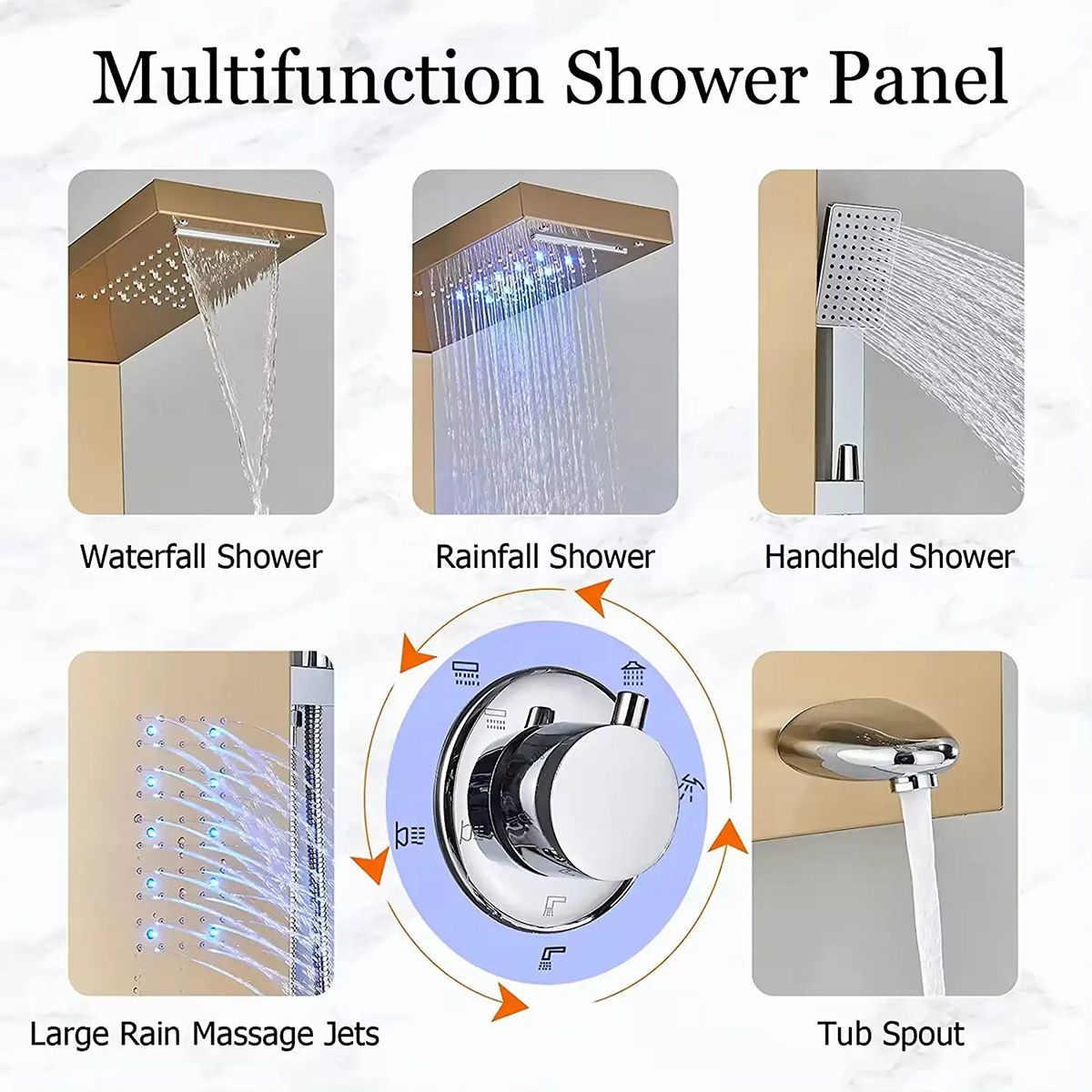 Duschpaneel Aurora, LED-Beleuchtung, 5 Funktionen, Wasserfall, Tropenregen, Handbrause, Edelstahl, Schwarz