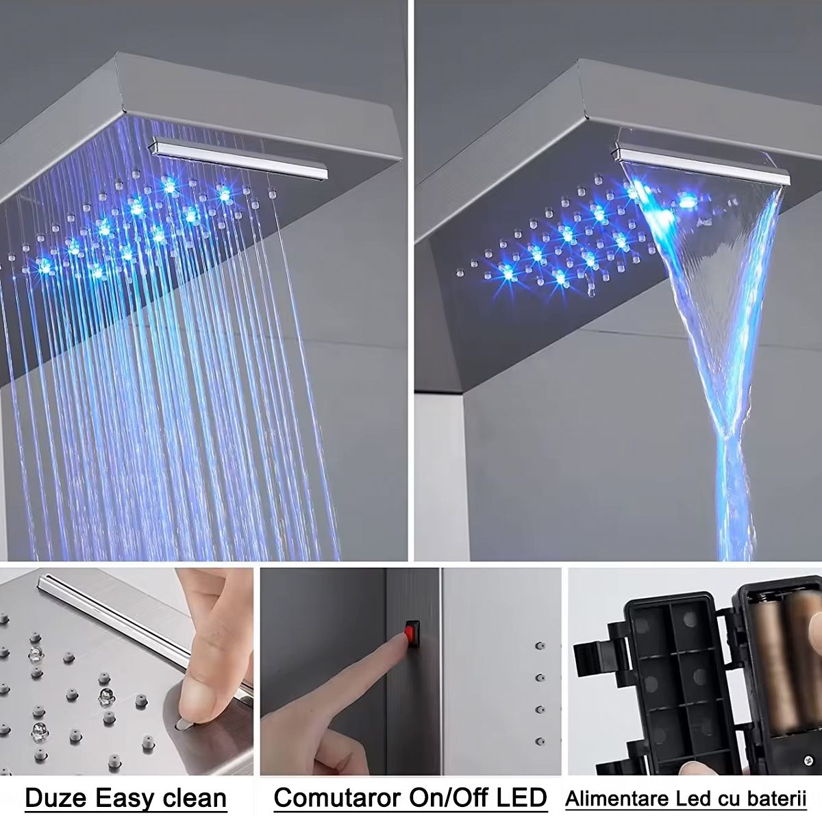 Duschpaneel, LED-Beleuchtung, Wasserfall, Tropenregen, 5 Funktionen, Handbrause, Mattgold, Infinity