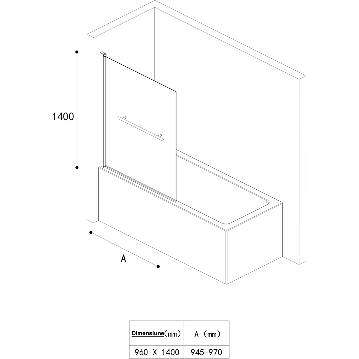 Badewannenabtrennung EGO-1121, 6 mm Sicherheitsglas, transparent oder teilweise sandgestrahlt, 94 x 140 cm, um 180° schwenkbar
