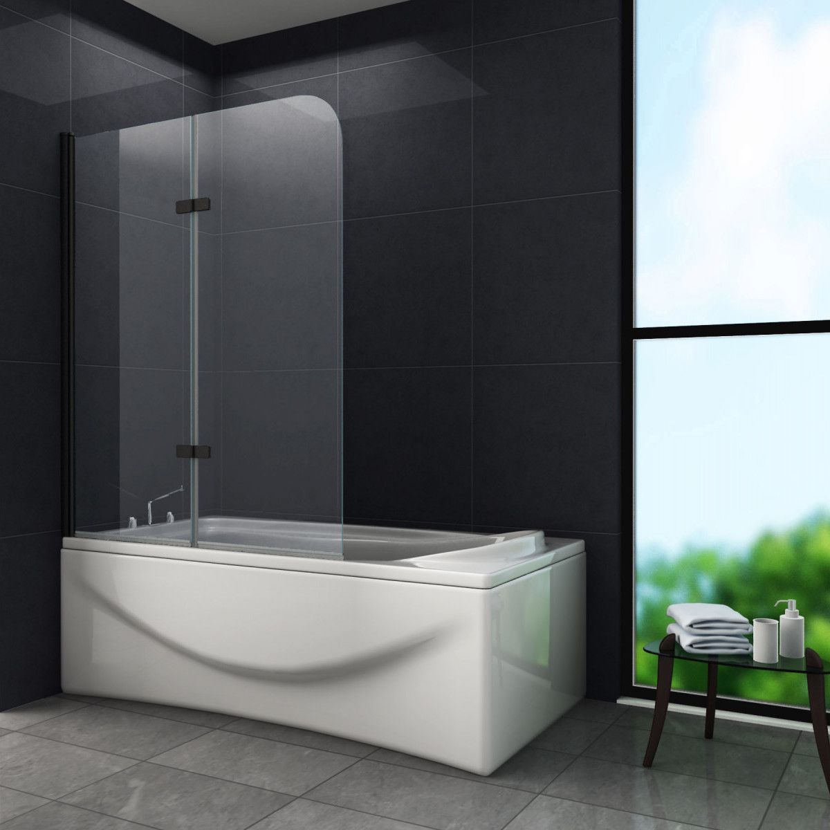 Badewannenfaltwand EGO-Sola, klappbar, 120 x 140 cm, 6 mm Glas, Nano Easy Clean Beschichtung, schwarzes Finish