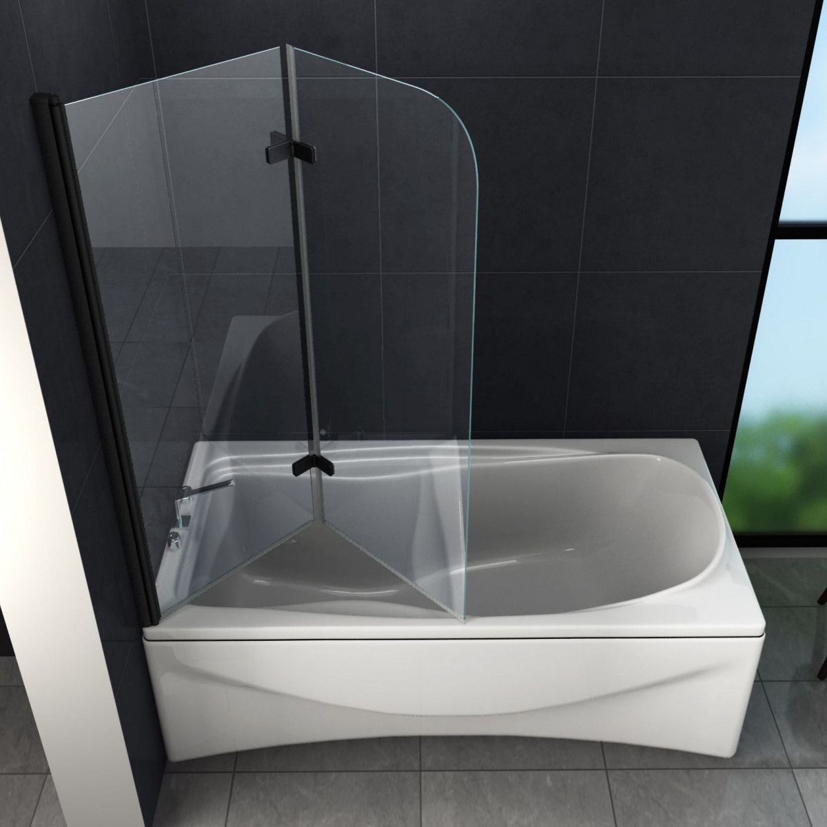 Badewannenfaltwand EGO-Sola, klappbar, 120 x 140 cm, 6 mm Glas, Nano Easy Clean Beschichtung, schwarzes Finish