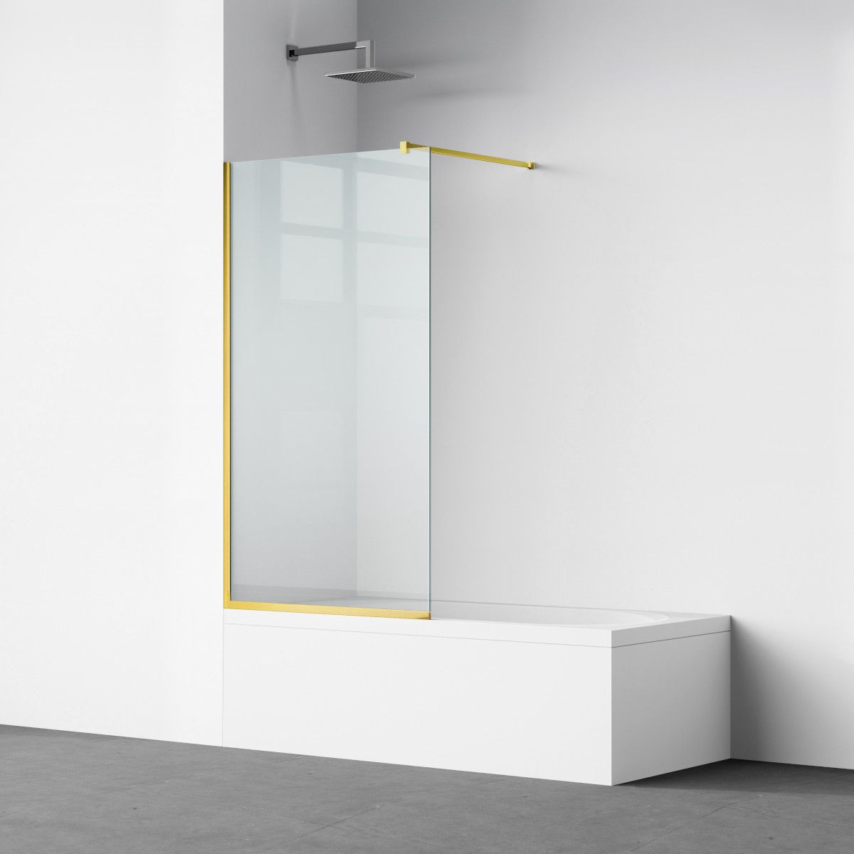 Duschwand für die Badewanne, feststehend, transparent, Mattgold-Profile, 8 mm Sicherheitsglas, 80-90x150 cmm, Nora