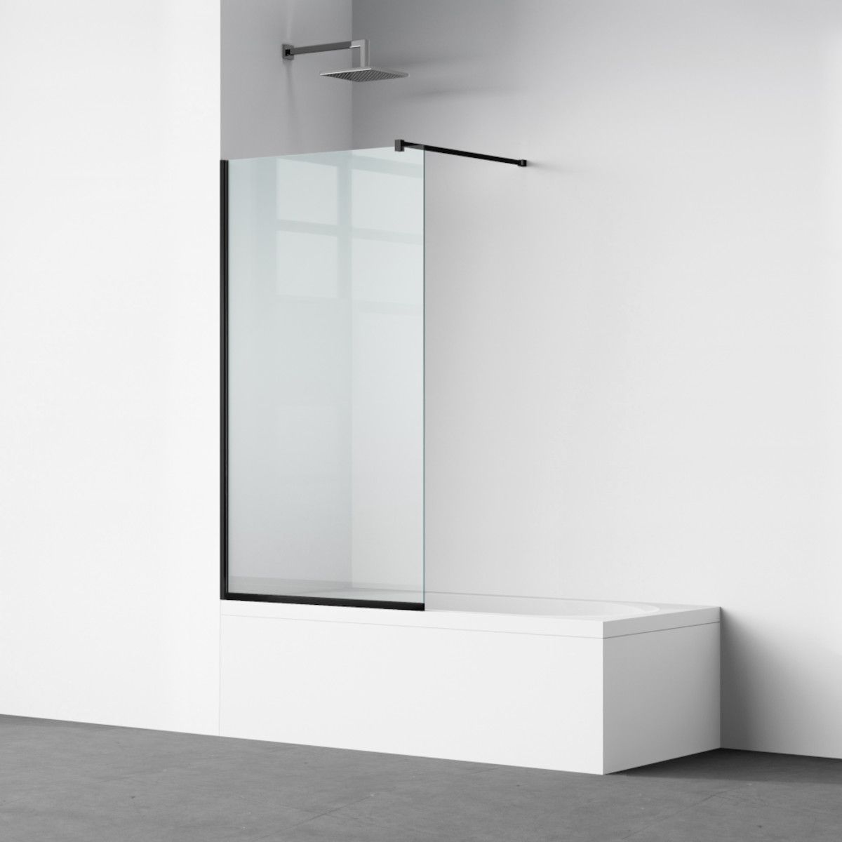 Duschwand für die Badewanne, feststehend, transparent, Mattschwarz-Profile, Sicherheitsglas 8 mm, 80-90x150 cm, Nora