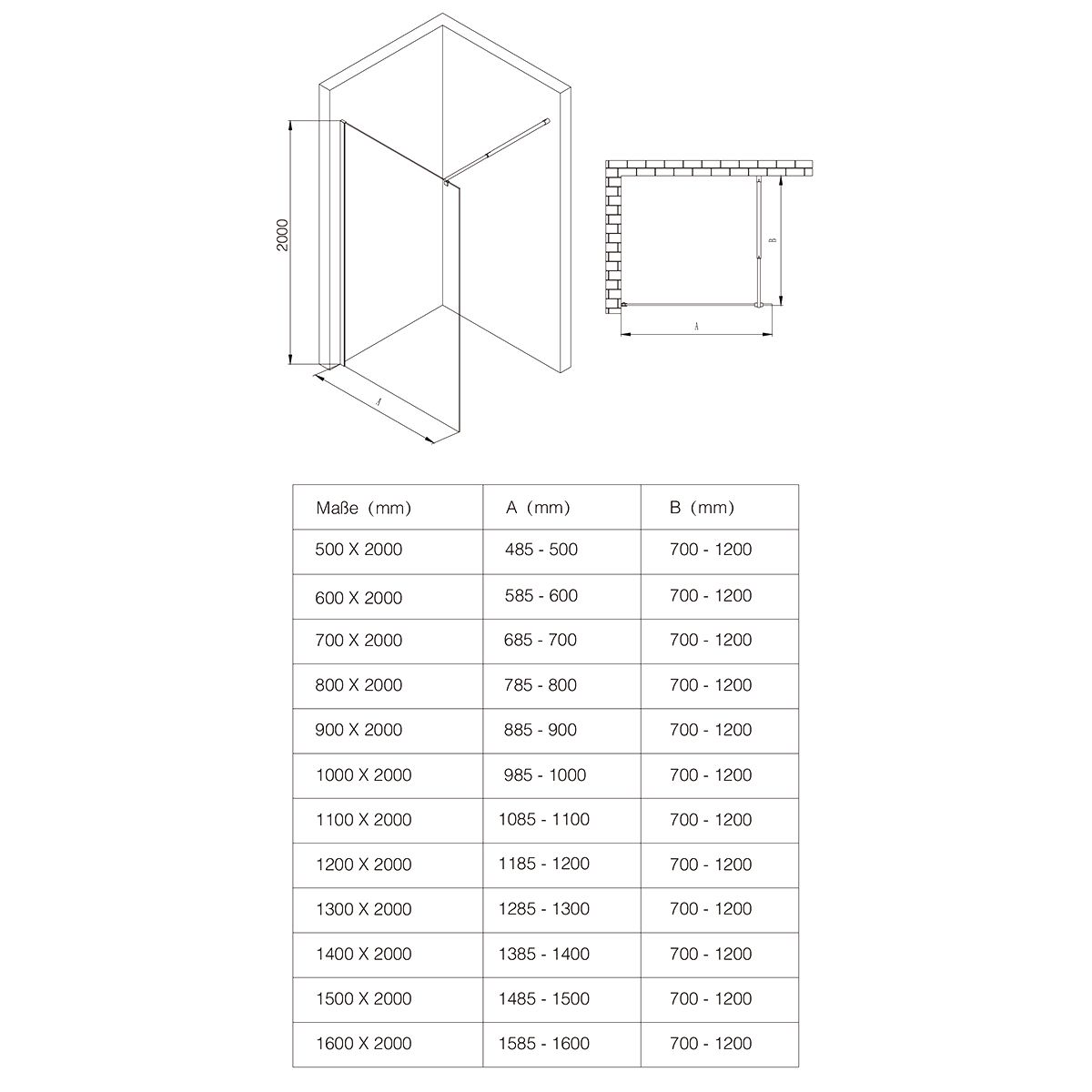 Walk-In-Duschwand, EGO-01K, Einscheibensicherheitsglas 8 oder 10 mm, 90-100 cm, Lotus-Effekt