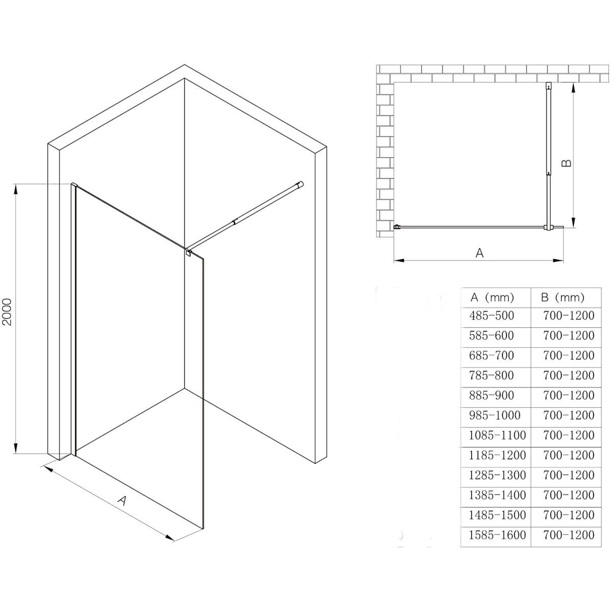 Walk-In-Duschwand, EGO-01VS, Sicherheitsglas satiniert 10 mm, 120 und 140 cm, Lotus-Effekt