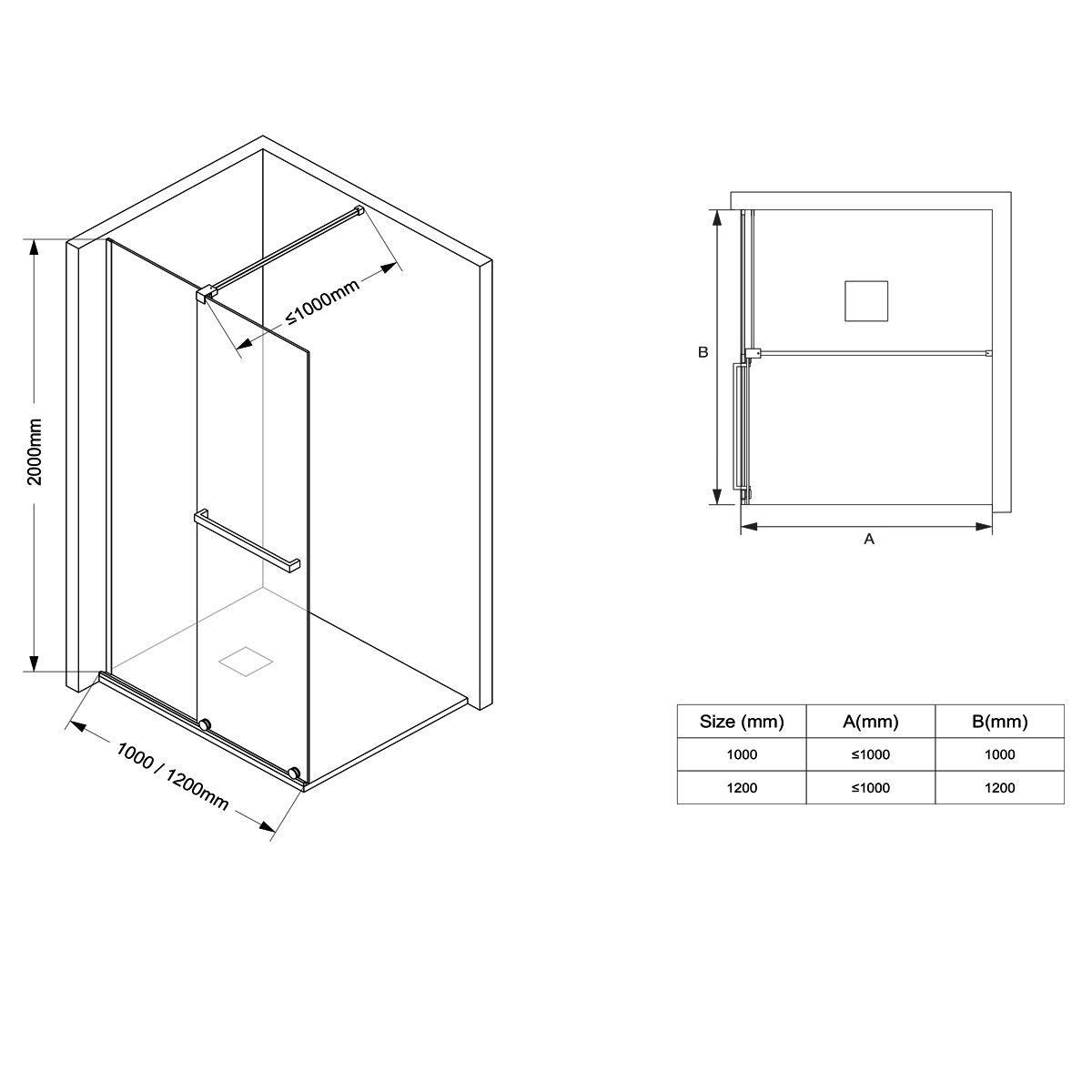 Walk-In Duschwand, 6 mm Sicherheitsglas, 2 Elemente, gleitend, Maße 100-120x200 cm, Mattschwarz, Benito