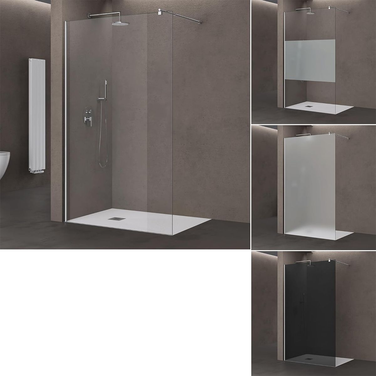 Walk-In Duschwand, Sicherheitsglas, teilweise satiniert 10 mm, 100, 120, 140 cm, Lotus-Effekt, Sicilia