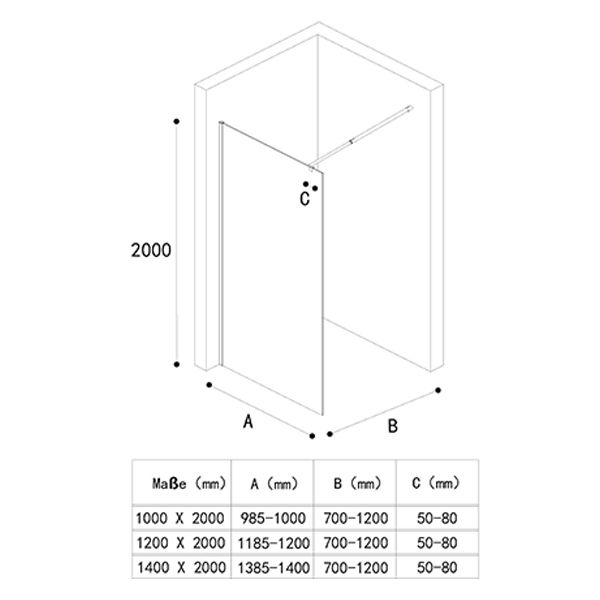 Walk-In Duschwand, Sicherheitsglas, teilweise satiniert 10 mm, 100, 120, 140 cm, Lotus-Effekt, Sicilia
